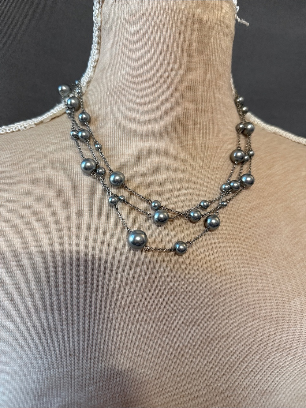 Silver Multi-Strand Gray Beaded Necklace - Women's Jewelry